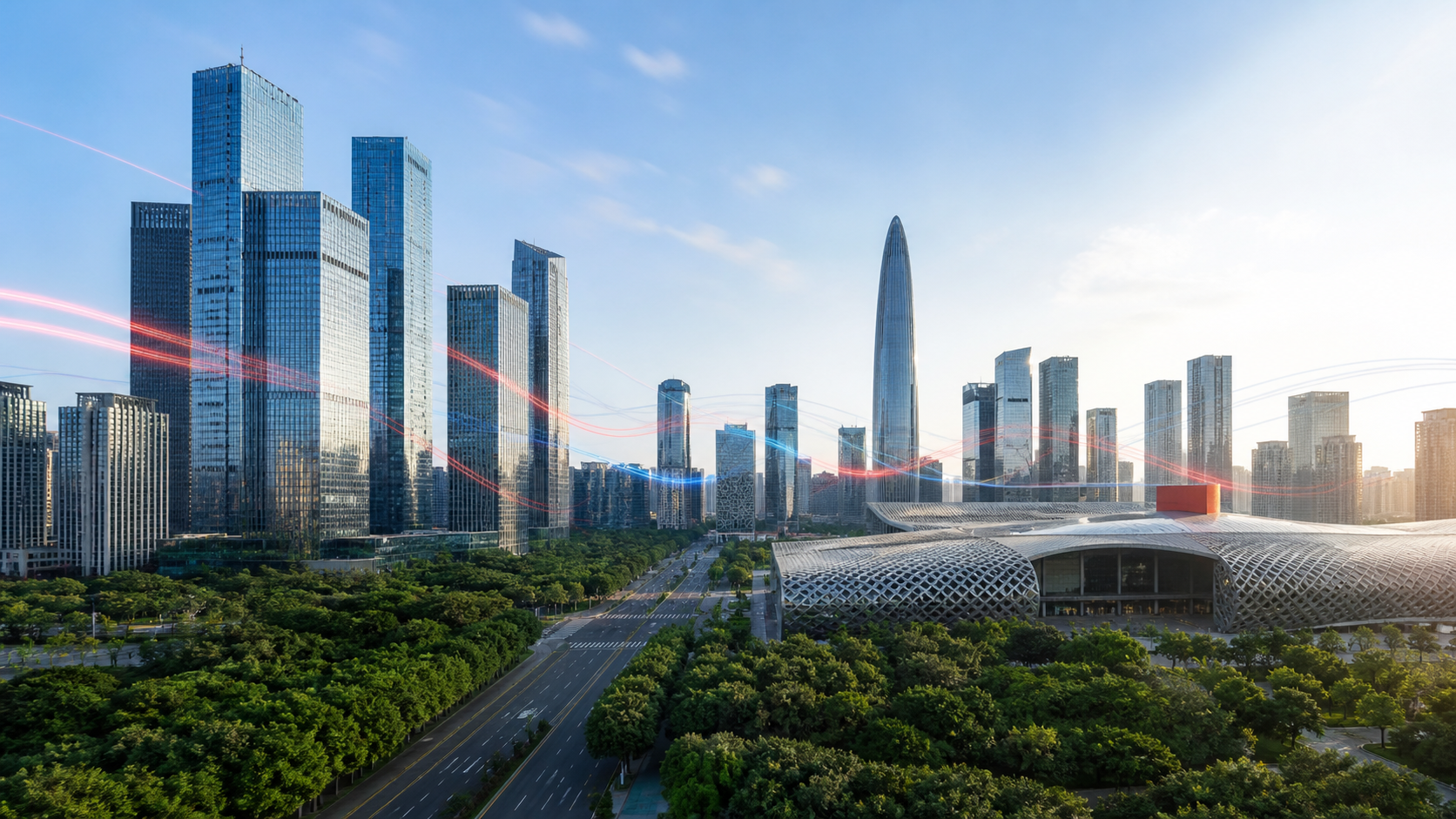 深圳南山日间中央商务区高楼与红蓝光线,体现企业国际商标申请时点和市场连接规划