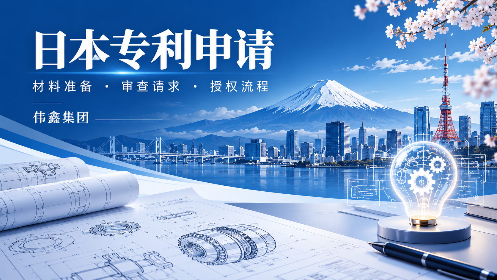 日本专利申请主题插画,富士山、工程图纸与创新灯泡,伟鑫集团