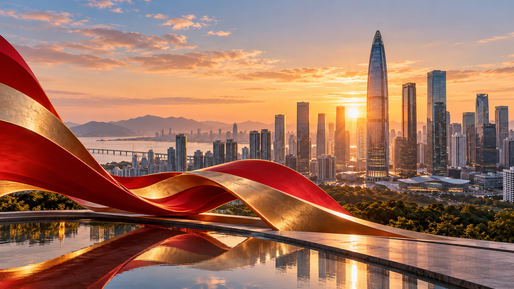 深圳城市天际线晨景与红金抽象艺术装置,体现国庆节日致意
