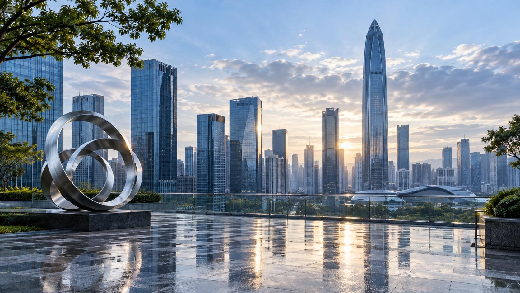 深圳福田商务区雨后晨景与金属环形雕塑,体现企业长期能力建设与专精特新成长准备