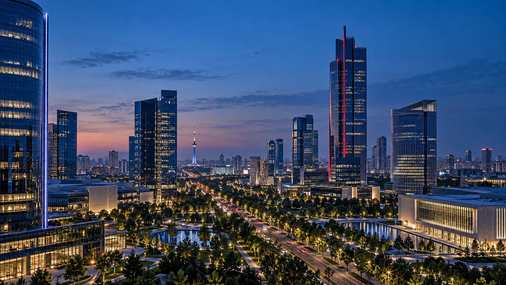中亚现代商务区蓝调夜景与红蓝建筑灯光,体现企业进入乌兹别克斯坦市场前的品牌保护规划